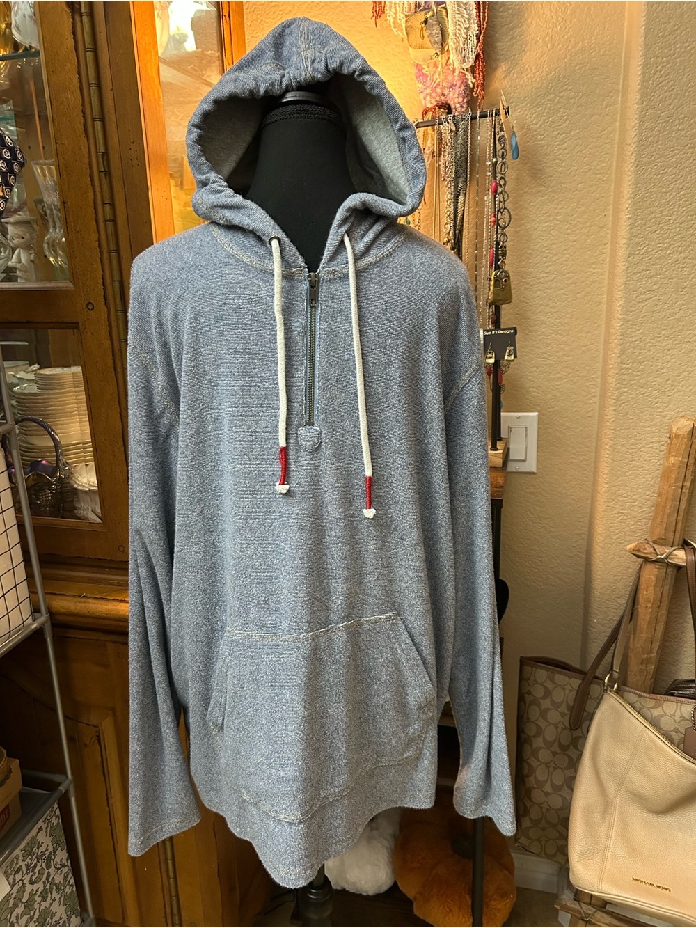 Men's Lightweight Gray Half-Zip Hooded Pullover Sweatshirt